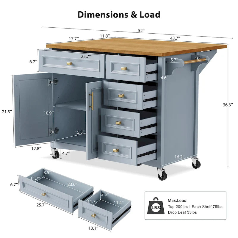 Îlot de cuisine 52" avec rallonge escamotable (tabouret non inclus)