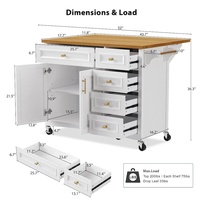 Îlot de cuisine 52" avec rallonge escamotable (tabouret non inclus)