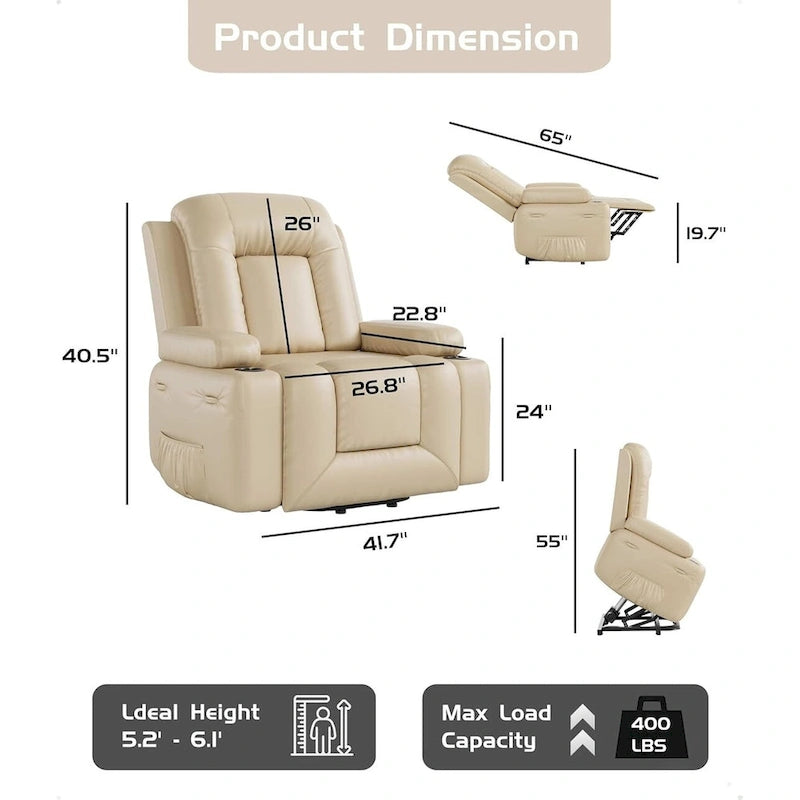 Fauteuil releveur inclinable en cuir avec chauffage et massage