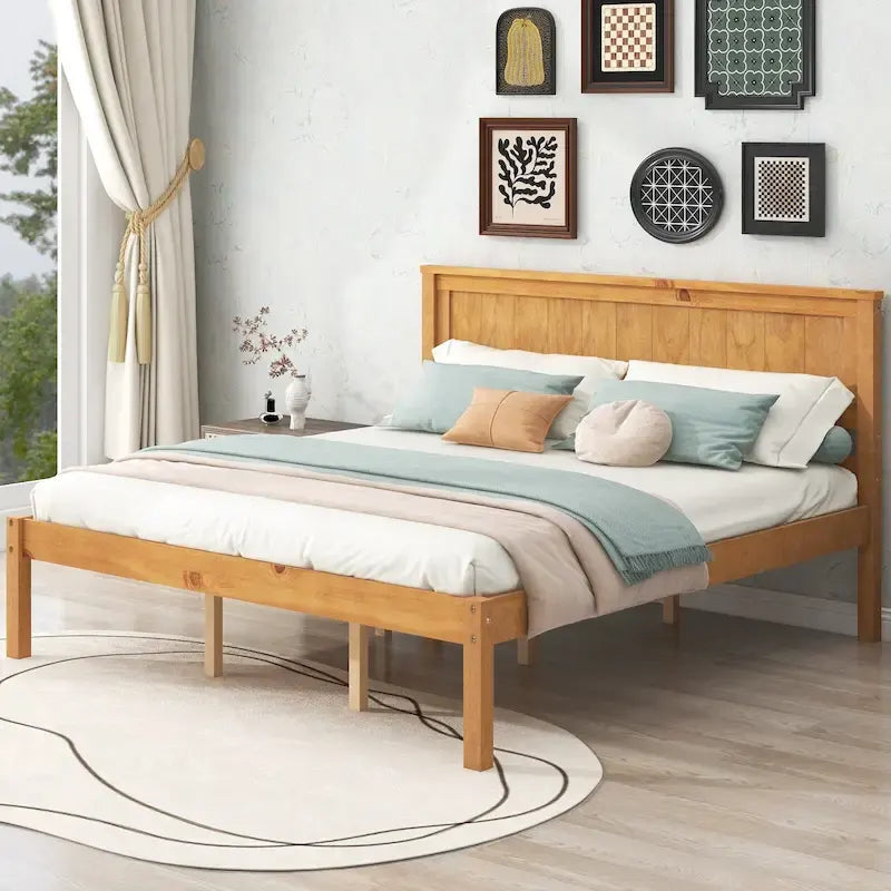 Lit plateforme en bois de pin avec tête de lit et sommier à lattes en bois pour chambre à coucher