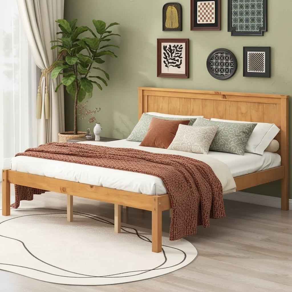 Pine Wooden Platform Bed with Headboard and Wood Slat Support for Bedroom