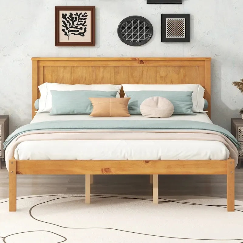 Lit plateforme en bois de pin avec tête de lit et sommier à lattes en bois pour chambre à coucher