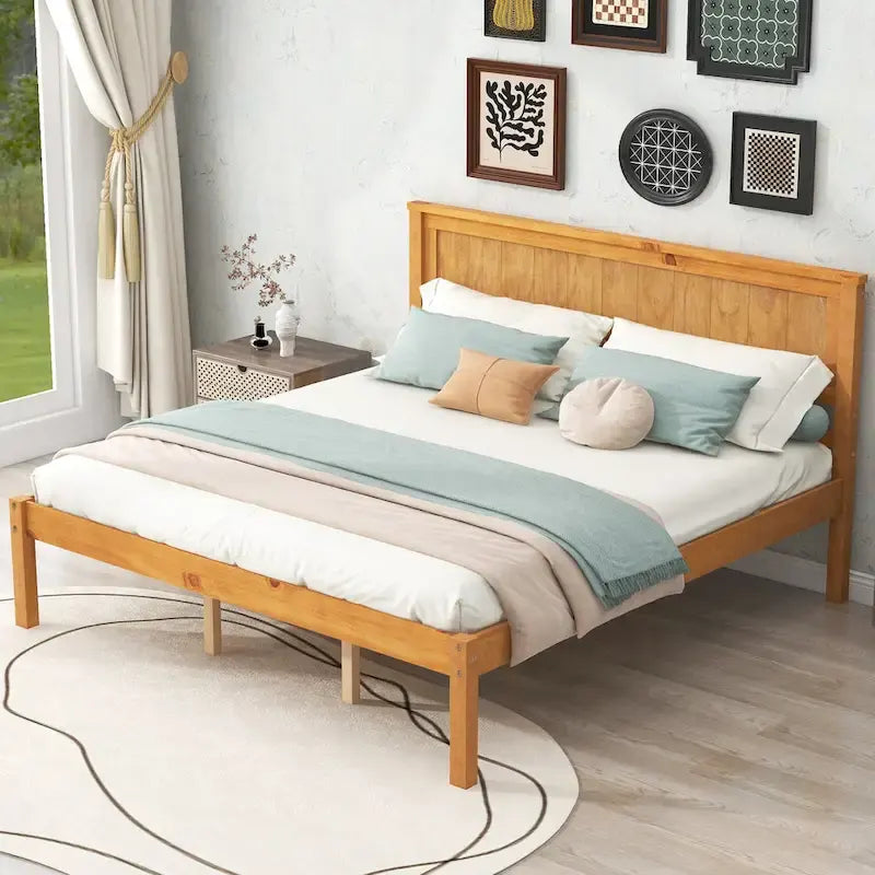 Lit plateforme en bois de pin avec tête de lit et sommier à lattes en bois pour chambre à coucher
