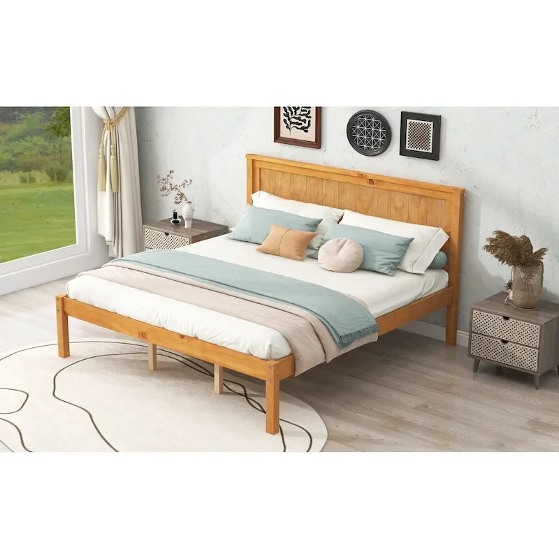 Lit plateforme en bois de pin avec tête de lit et sommier à lattes en bois pour chambre à coucher