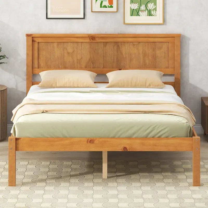 Lit plateforme en bois de pin avec tête de lit et sommier à lattes en bois pour chambre à coucher