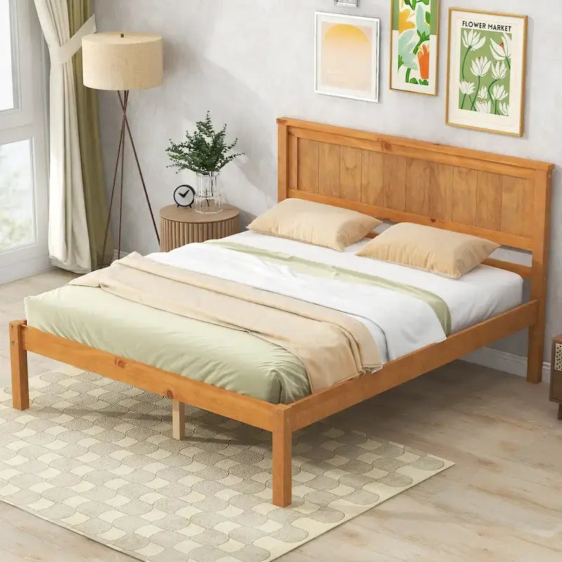 Lit plateforme en bois de pin avec tête de lit et sommier à lattes en bois pour chambre à coucher