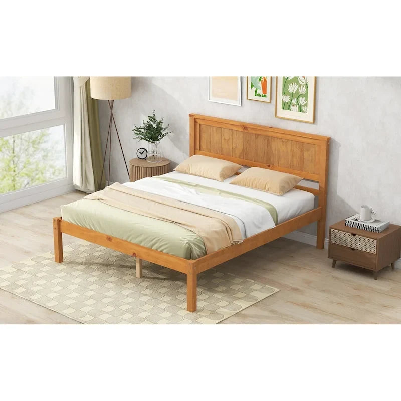 Lit plateforme en bois de pin avec tête de lit et sommier à lattes en bois pour chambre à coucher