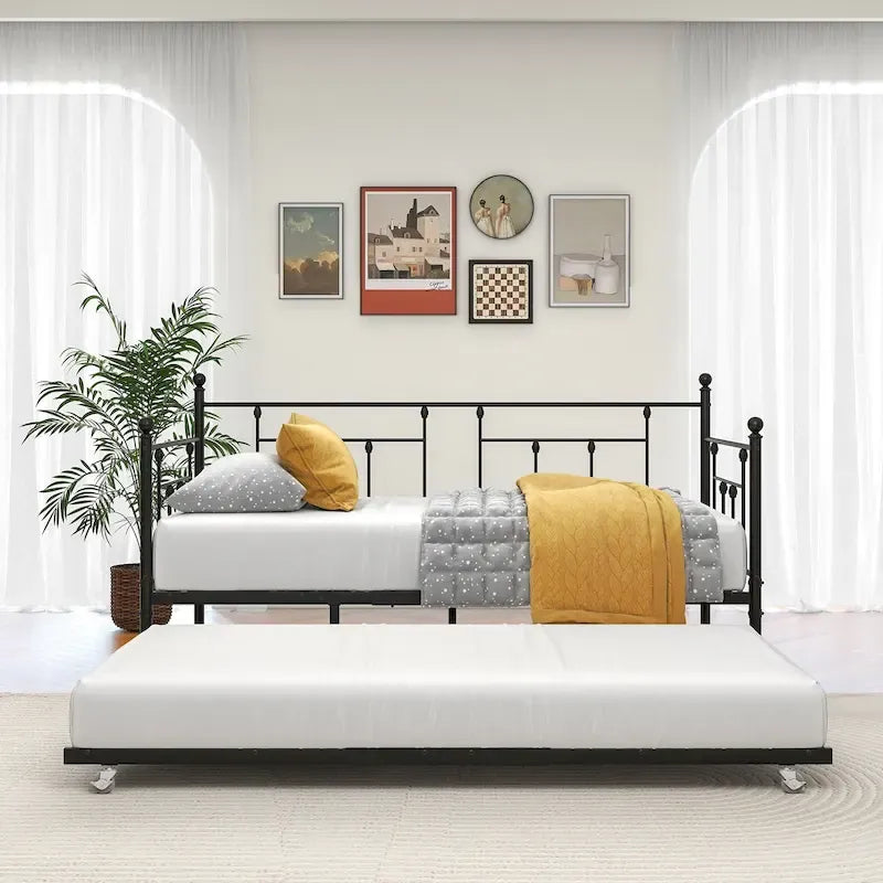 Lit de repos double en métal avec lit gigogne pour enfants ou invités