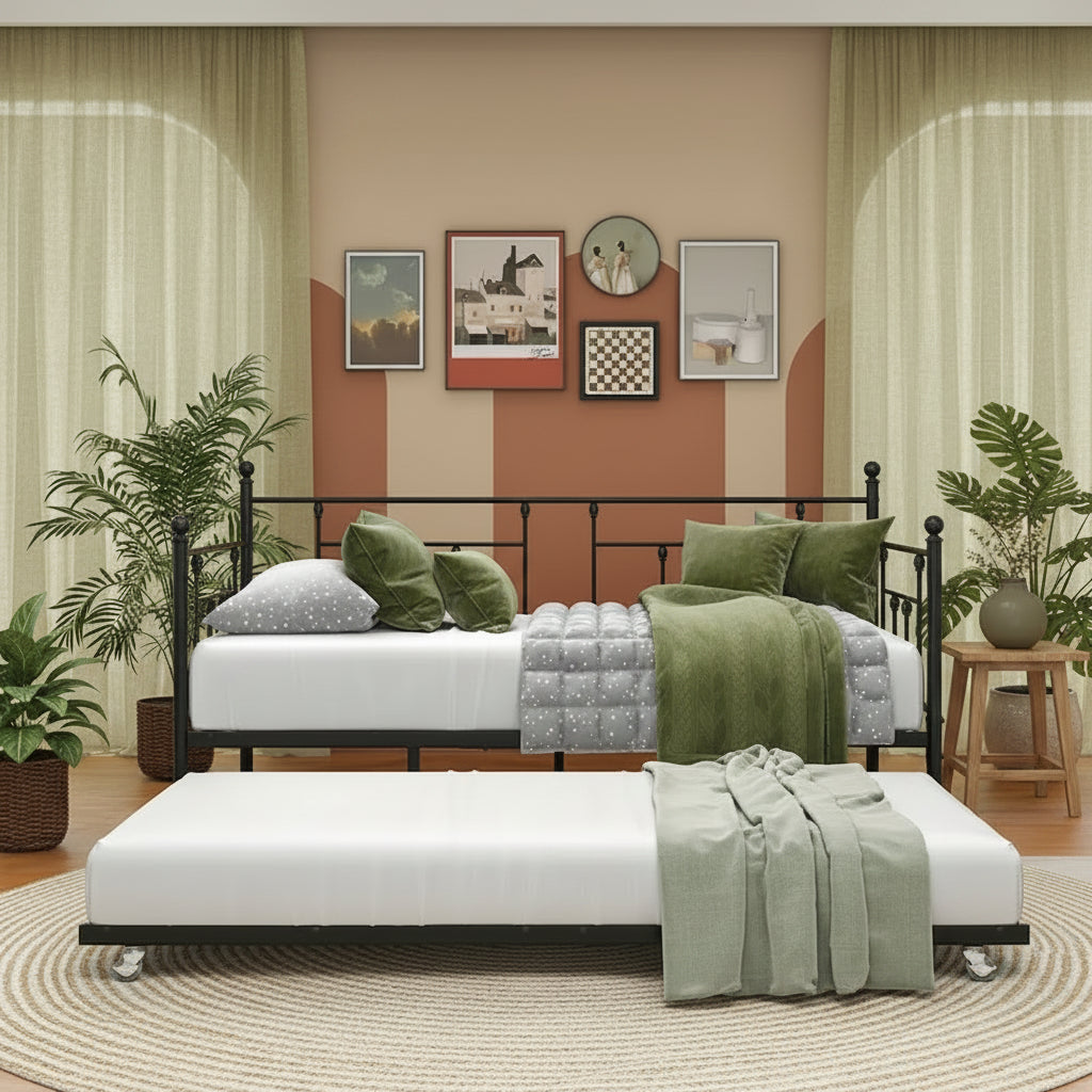 Twin Size Metal Daybed with Trundle for Kids or Guests