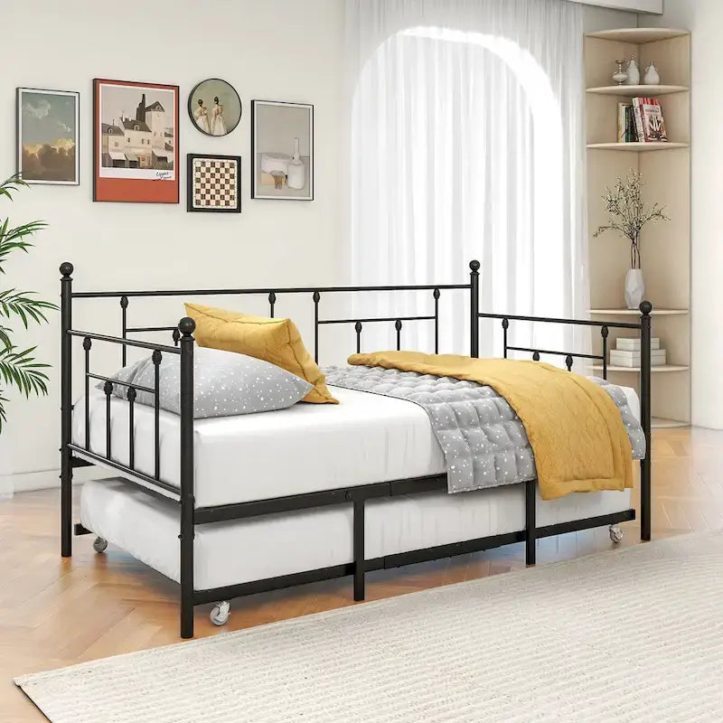 Lit de repos double en métal avec lit gigogne pour enfants ou invités