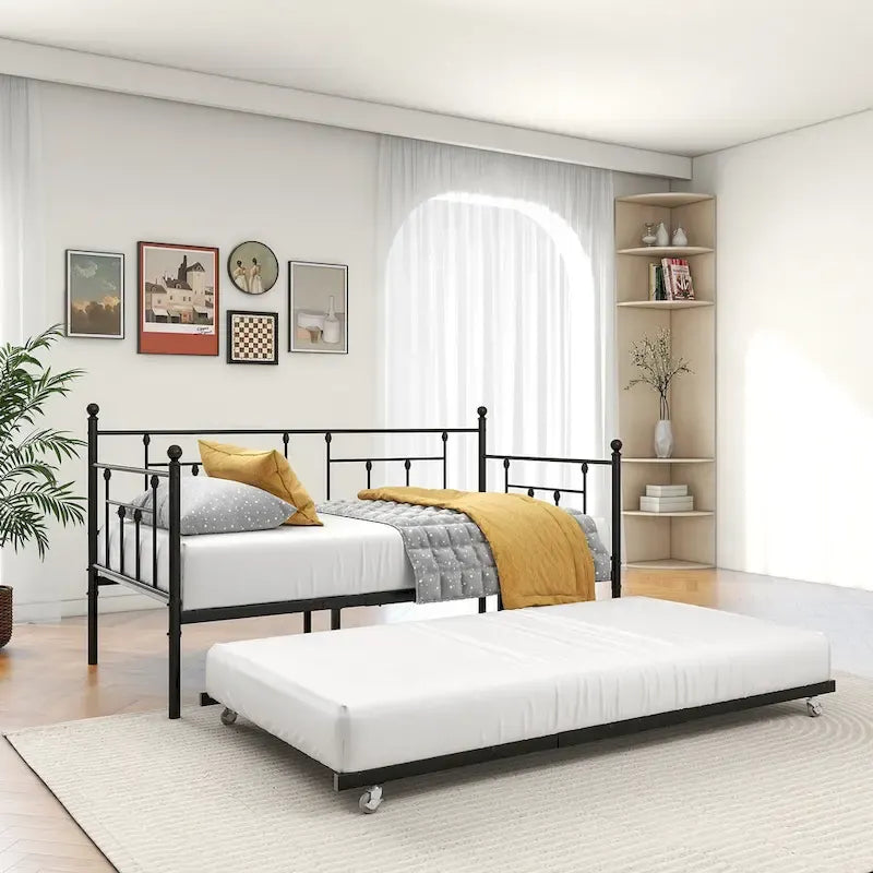 Lit de repos double en métal avec lit gigogne pour enfants ou invités