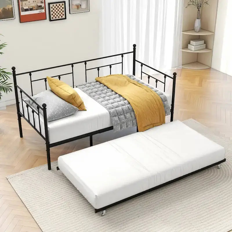 Lit de repos double en métal avec lit gigogne pour enfants ou invités