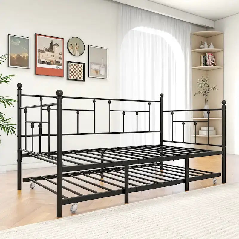 Lit de repos double en métal avec lit gigogne pour enfants ou invités