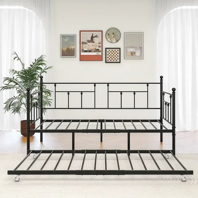 Lit de repos double en métal avec lit gigogne pour enfants ou invités