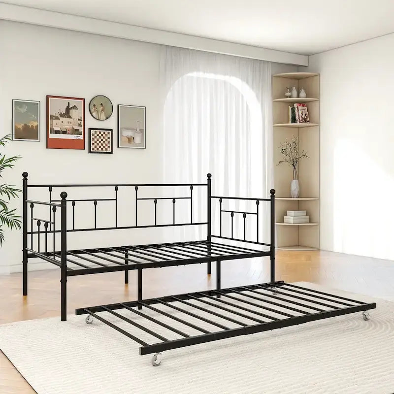 Lit de repos double en métal avec lit gigogne pour enfants ou invités
