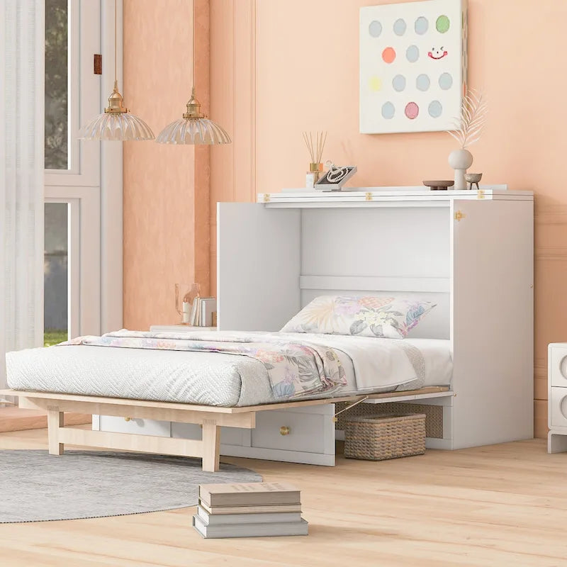 Lit escamotable moderne blanc de taille Queen avec rangements polyvalents grands tiroirs pour chambre à coucher