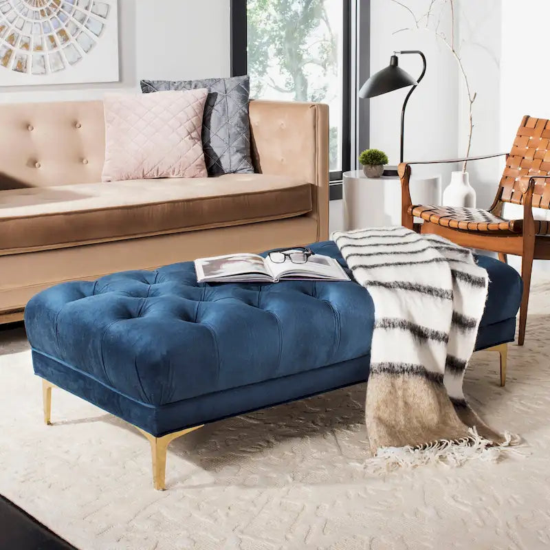 Banc rectangulaire capitonné bleu marine/laiton - 54 x 27 x 16 - 54La x 27P x 16H