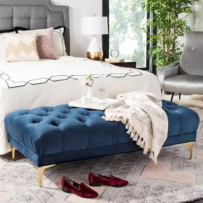 Banc rectangulaire capitonné bleu marine/laiton - 54 x 27 x 16 - 54La x 27P x 16H