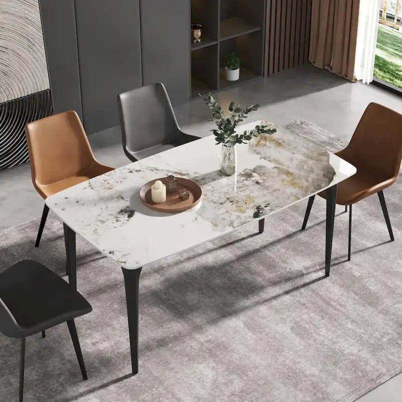 Table à manger moderne en ardoise, plateau en pierre frittée et pieds en métal