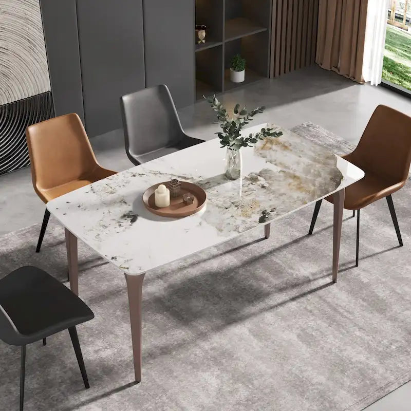 Table à manger moderne en ardoise, plateau en pierre frittée et pieds en métal