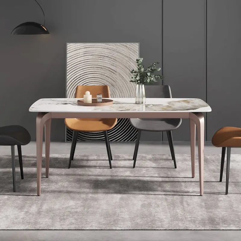 Table à manger moderne en ardoise, plateau en pierre frittée et pieds en métal