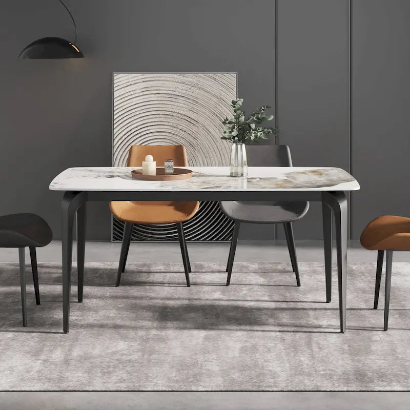 Table à manger moderne en ardoise, plateau en pierre frittée et pieds en métal