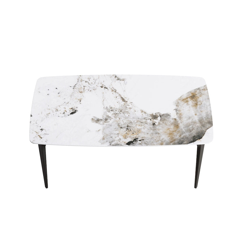 Table à manger moderne en ardoise, plateau en pierre frittée et pieds en métal
