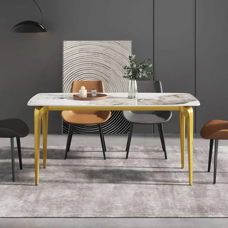Table à manger moderne en ardoise, plateau en pierre frittée et pieds en métal