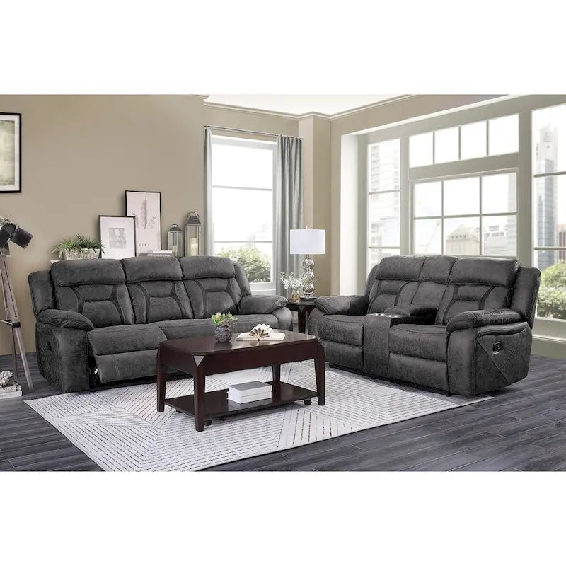 Causeuse inclinable double en microfibre grise avec console centrale