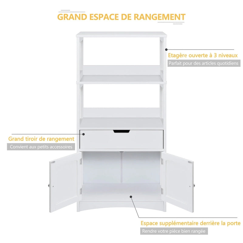 Meuble de rangement de salle de bain avec tiroir et 2 étagères ouvertes