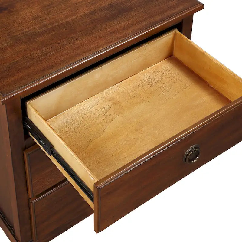Table de chevet marron à 3 tiroirs avec placage acacia et poignées bronze antique