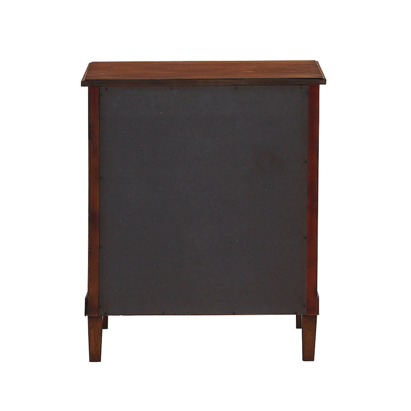 Table de chevet marron à 3 tiroirs avec placage acacia et poignées bronze antique