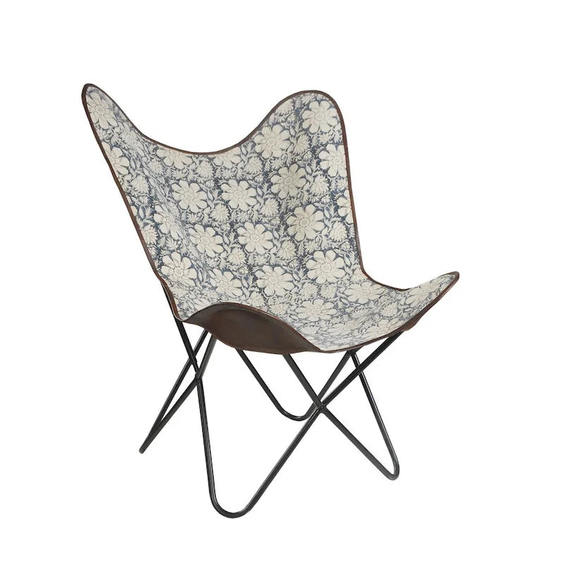 Chaise papillon en similicuir à fleurs bleues et blanches