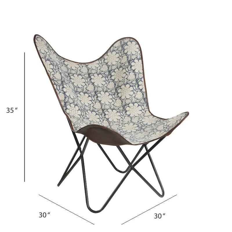Chaise papillon en similicuir à fleurs bleues et blanches