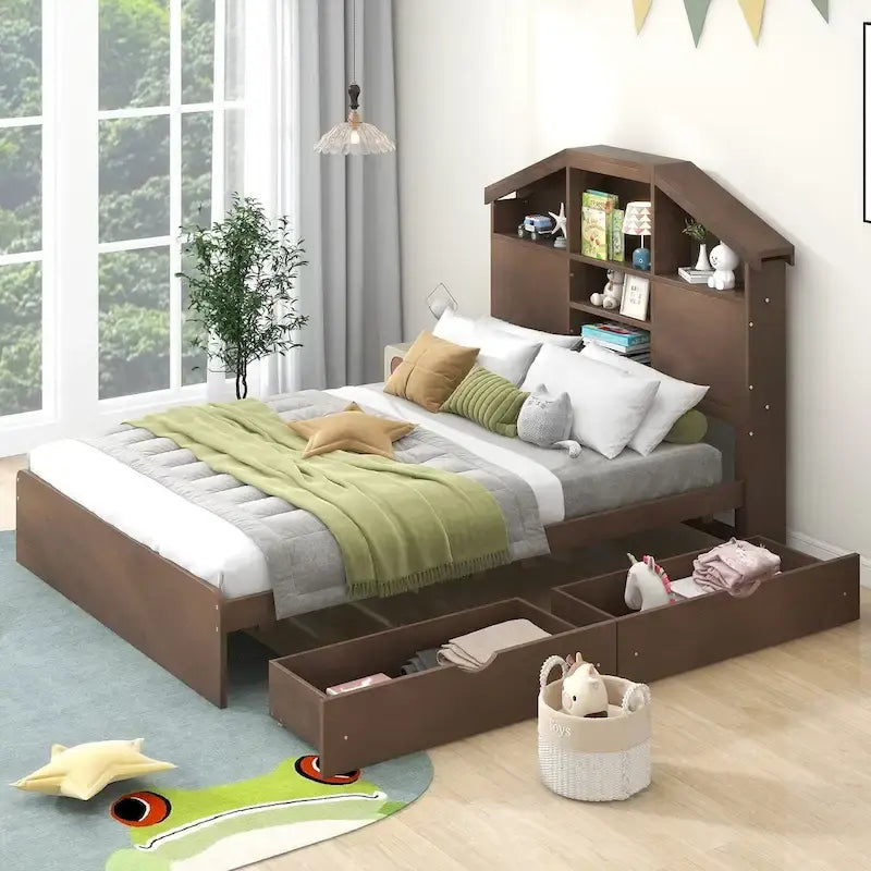 Lit plateforme en bois avec tête de lit de rangement en forme de maison et 2 tiroirs