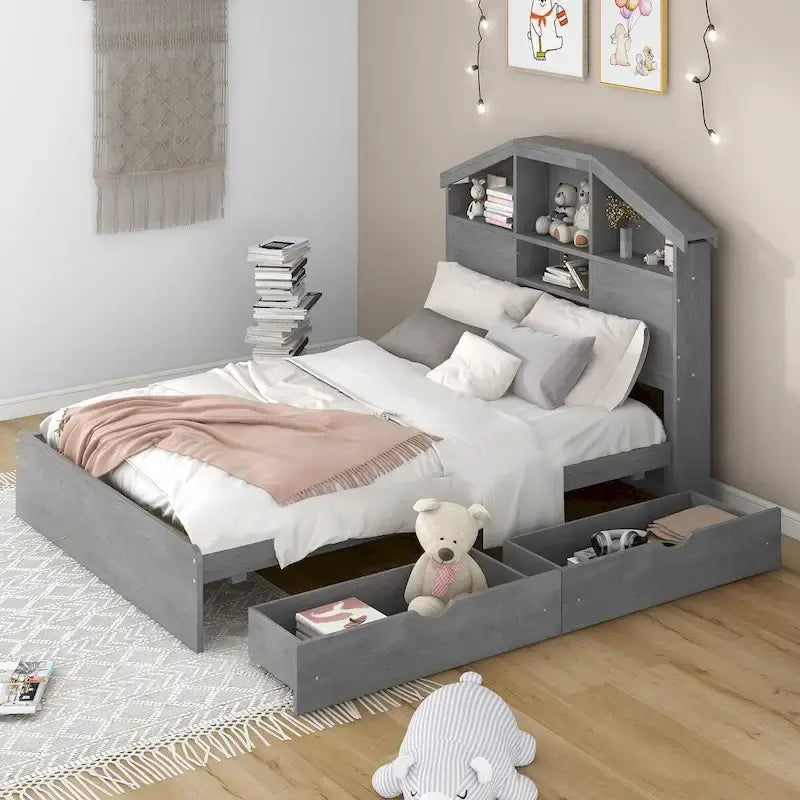 Lit plateforme en bois avec tête de lit de rangement en forme de maison et 2 tiroirs