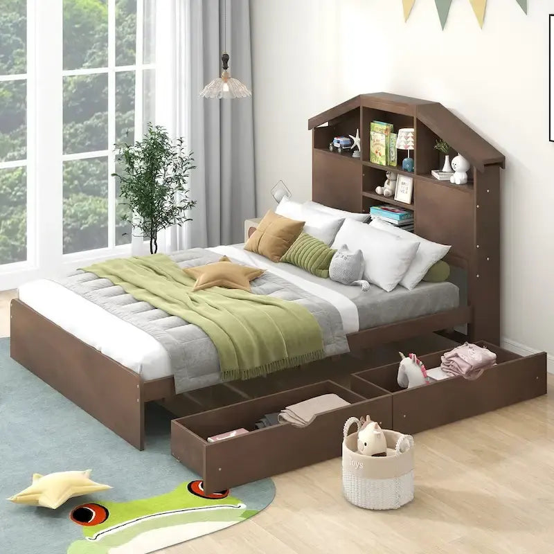 Lit plateforme en bois avec tête de lit de rangement en forme de maison et 2 tiroirs