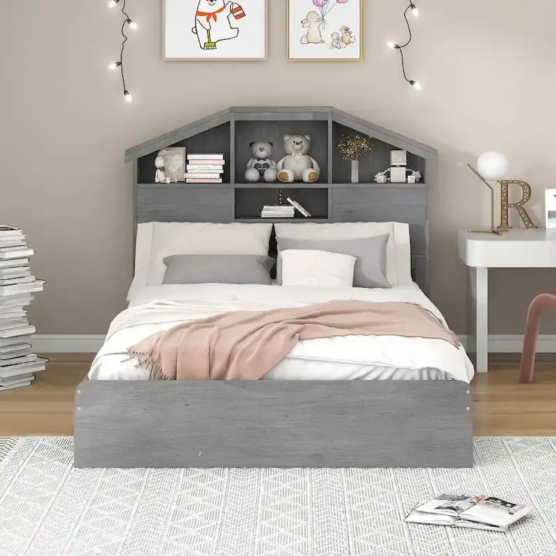 Lit plateforme en bois avec tête de lit de rangement en forme de maison et 2 tiroirs