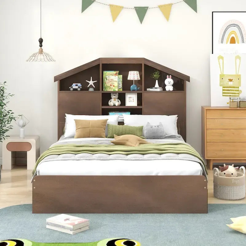 Lit plateforme en bois avec tête de lit de rangement en forme de maison et 2 tiroirs