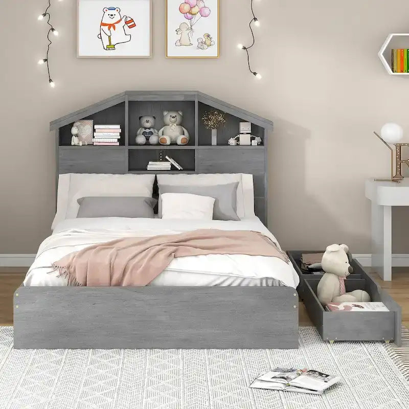 Lit plateforme en bois avec tête de lit de rangement en forme de maison et 2 tiroirs