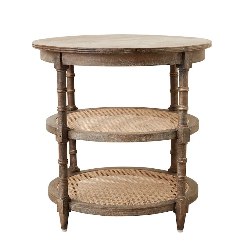 Table ronde en bois de manguier avec 2 étagères en rotin