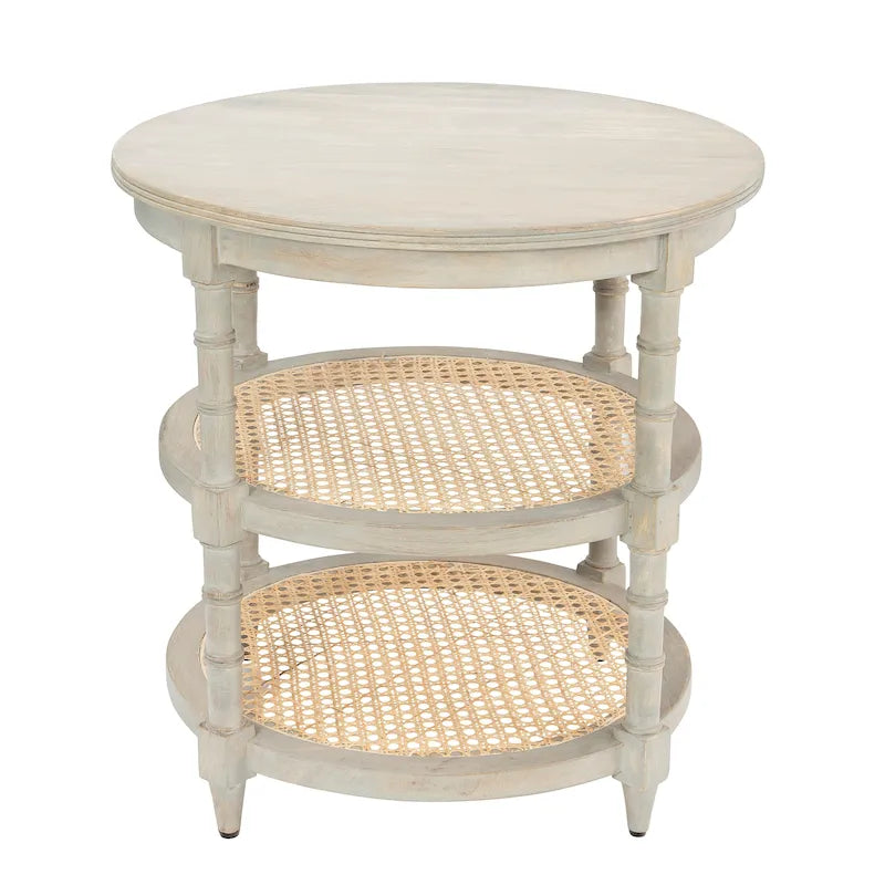 Table ronde en bois de manguier avec 2 étagères en rotin