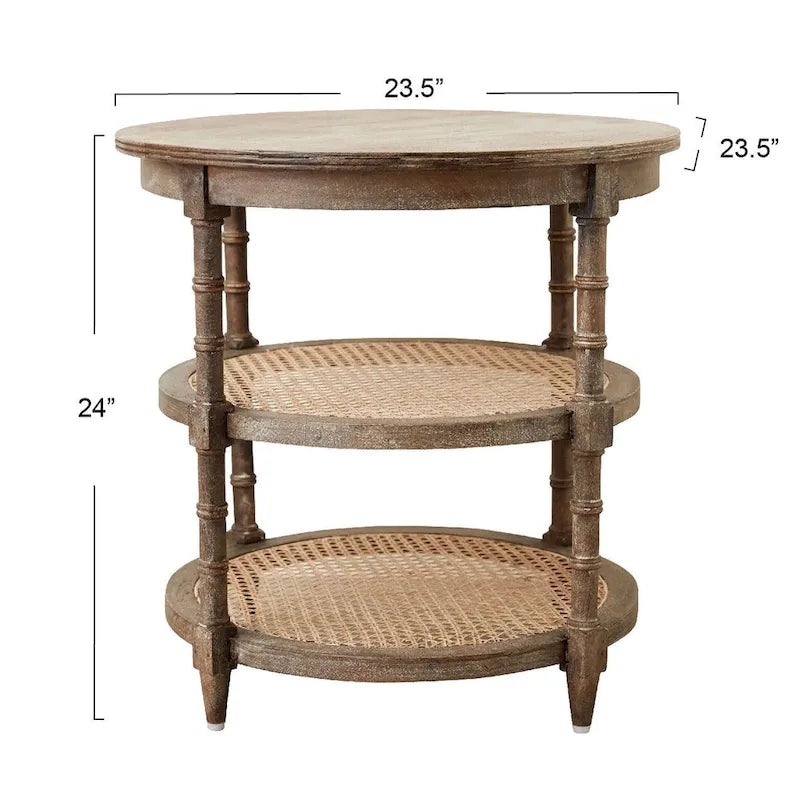 Table ronde en bois de manguier avec 2 étagères en rotin