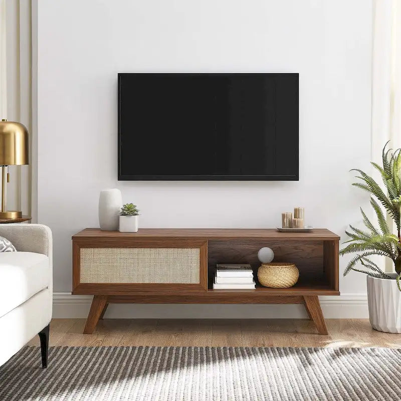 Meuble TV 120 cm avec portes coulissantes en rotin