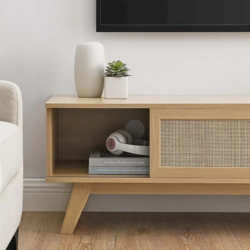 Meuble TV 120 cm avec portes coulissantes en rotin