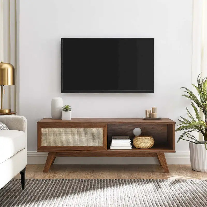 Meuble TV 120 cm avec portes coulissantes en rotin