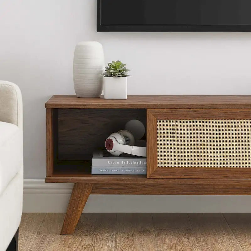 Meuble TV 120 cm avec portes coulissantes en rotin