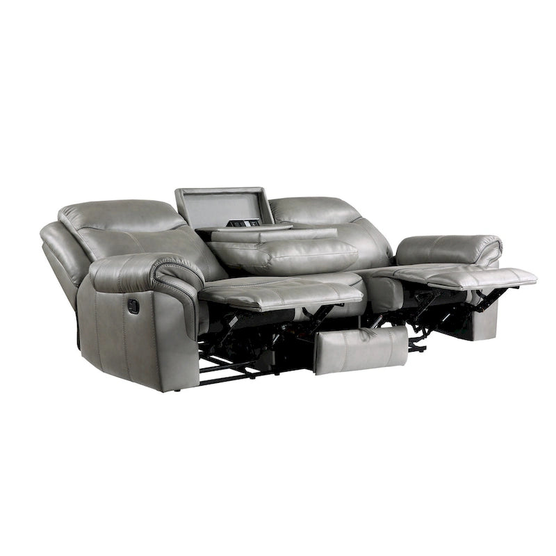 Canapé inclinable manuel double de 203 cm avec porte-gobelets et ports USB, en similicuir gris