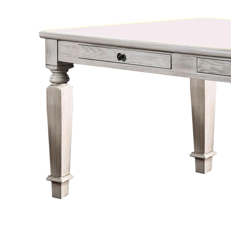 Table à manger en bois avec 2 tiroirs et pieds fuselés, blanc vieilli