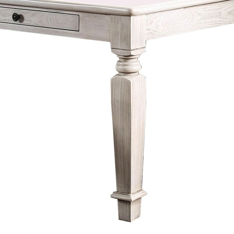Table à manger en bois avec 2 tiroirs et pieds fuselés, blanc vieilli